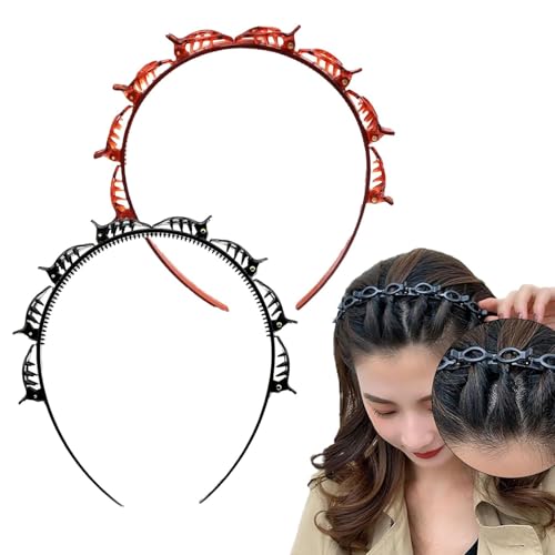 Double Bangs Frisur-Haarnadel, Haarnadel-Stirnband, Zahnkamm, mehrlagiges, hohlgewebtes Stirnband, doppellagig, gedrehtes Zopf-Stirnband, Haarstyling-Werkzeuge (Rot + Schwarz, 2 Stück) von YSINOBEAR