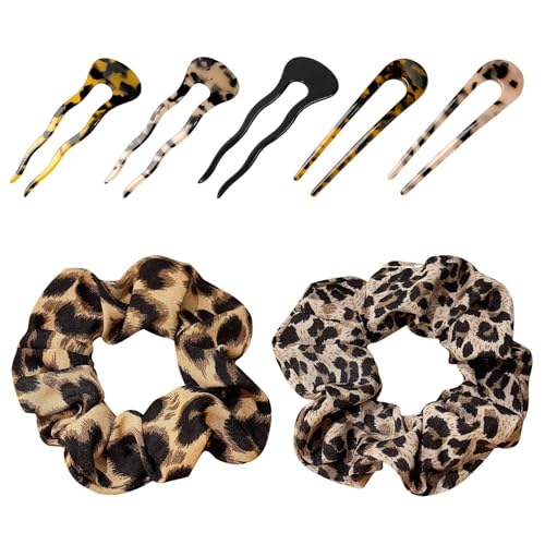 5 Stück U-Förmige Haarnadeln, 2 Stück Dickdarm-Haargummis Mit Leopardenmuster, Einfache Und Modische Französische Haarnadeln, Damen-Dutt, Haarfixierungsdekoration von YSJCHEBS