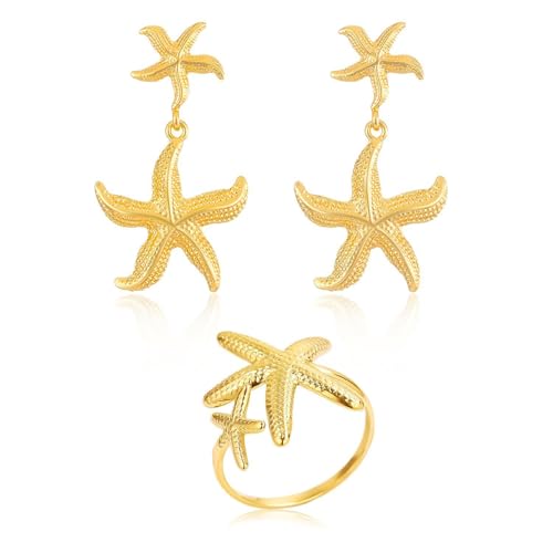 YSJCHEBS 1 Paar Seestern-Anhänger-Ohrringe, 1 Seestern-Ring, Modische Ohrringe, Meereslebewesen-Schmuck, Personalisierte Ohrringe, Sommer-Strand-Schmuck von YSJCHEBS