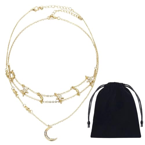 YSJCHEBS 1 Stück Stern- Und Mondkette, 1 Stück Aufbewahrungstasche, Schmuck Im Bohème-Stil, Modische Stern- Und Mondkette, Mehrschichtige Halskette, Verstellbare Halskette von YSJCHEBS