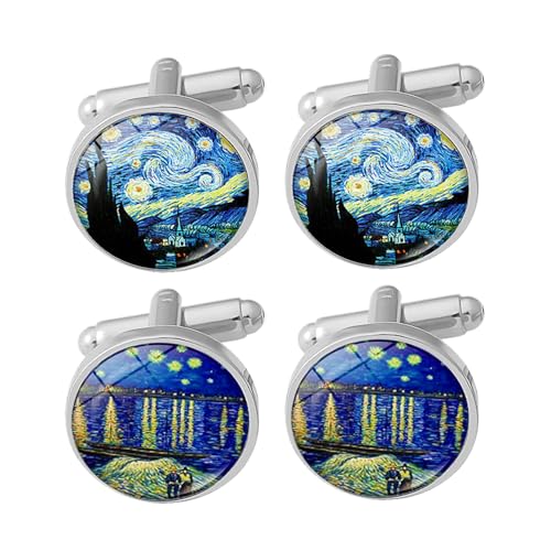 YSJCHEBS 2 Paar Van Gogh Ölmalerei Manschettenknöpfe, Herrenmanschettenknöpfe, Kreative Modemanschettenknöpfe, Hemdhemdhülsennägel, Gewöhnliche Männer Und Frauen, Kleidungsdekorationsschnalle von YSJCHEBS