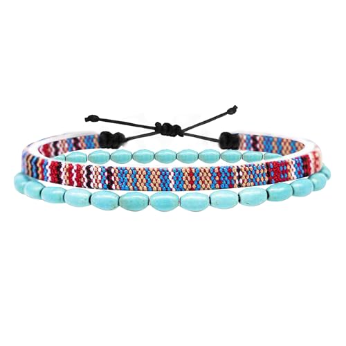 YSJCHEBS 2-Teiliges Boho-Armband-Set, Armband-Set, Seil-Armband Mit Steinen, Seil-Armband Surfer, Nautisches Armband, Blau-Türkise Halskette von YSJCHEBS