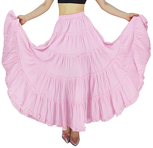 YSJERA Damen Baumwolle 5-stöckig A Linie Plissee Maxi Rock Lang Boho -Tanz Röcke - Pink - S/L von YSJERA