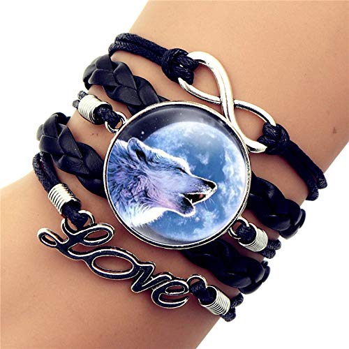 Damen Armbänder Armband Bettelarmband,Howling Wolf Zeit Edelstein Armband Schwarz Multi-Layer Aus Geflochtenem Leder Armband Europäischen Und Amerikanischen Perlen Armband. Geburtstag Geschenk V von YSLDK