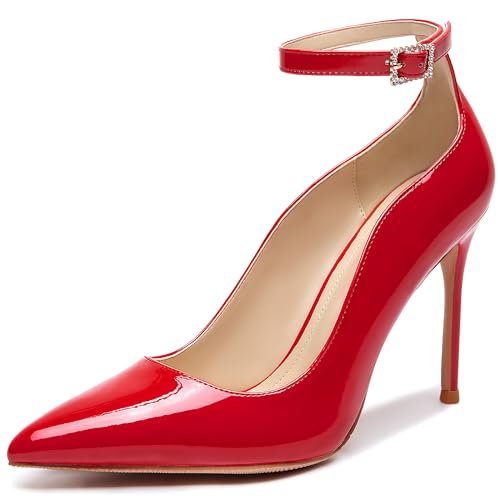 YSOHPM Damen-Pumps mit geschlossenem Zehenbereich, spitzer Zehenbereich, 10,2 cm, Stiletto-Absätze für Damen, Knöchelriemen, Kleid, Hochzeitsschuhe, Rot/Ausflug, einfarbig (Getaway Solids), 38.5 EU von YSOHPM
