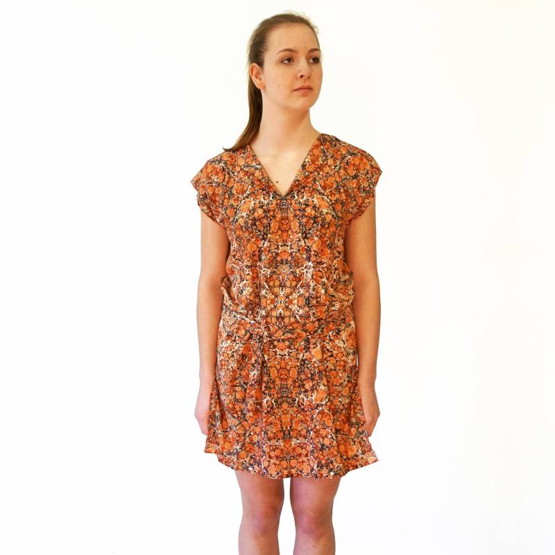 Art-Déco Kleid Mit Gürtel Marmoriert Braun Schwarz Weiß, Langes Sommer-Oberteil von YSTEER