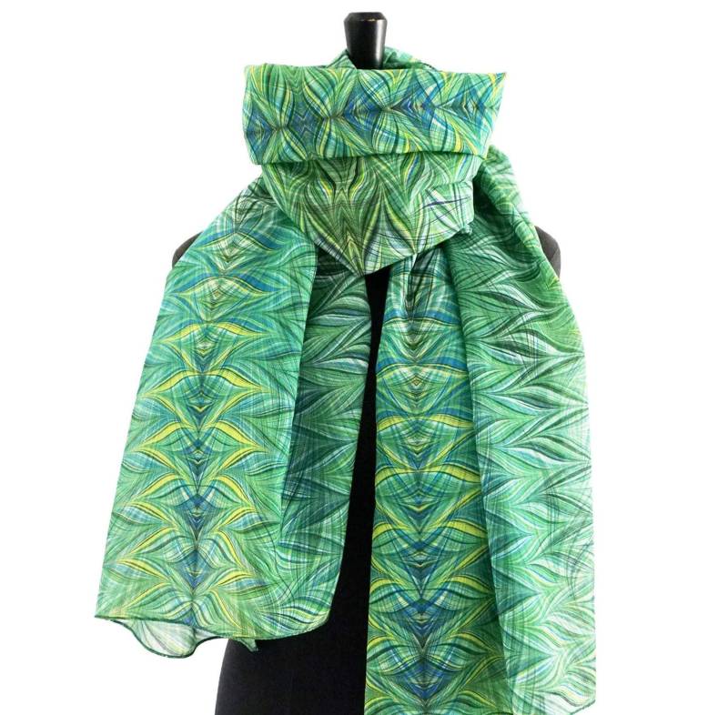 Art Déco Tuch Aus Baumwolle Und Seide Marmoriert Grün Gelb Weiß von YSTEER