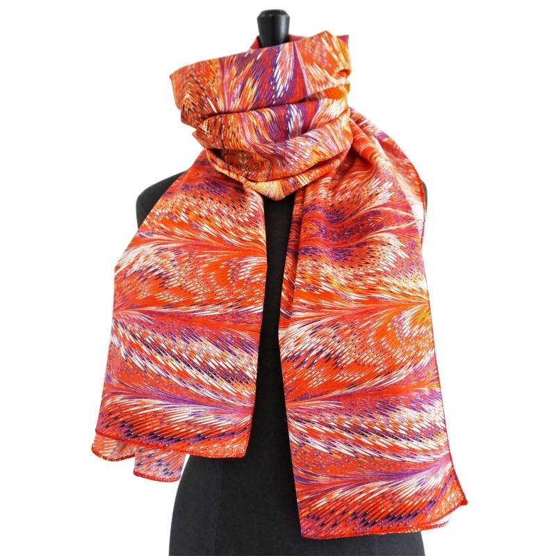 Art-Déco Tücher Aus Seide Baumwolle Marmoriert Rot Orange Blau Weiß von YSTEER