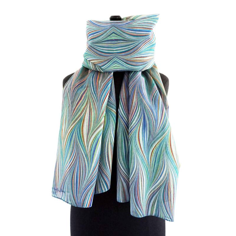 Art-Déco Tücher Bio-Baumwolle Seide Marmoriert Hellblau Mehrfarbig von YSTEER