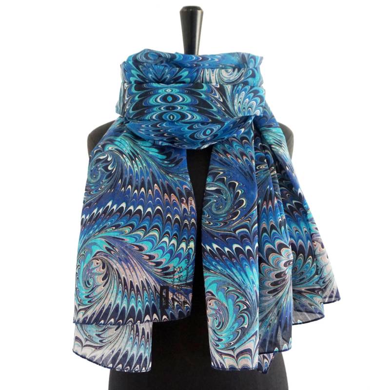 Art-Deco Tücher Bio-Baumwolle Seide Marmoriert Blau Türkis Schwarz von YSTEER