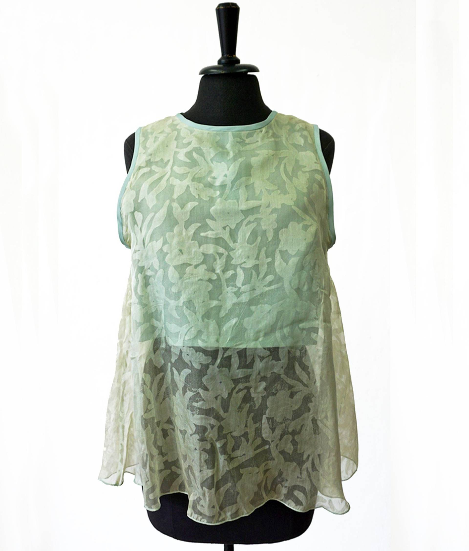 Hellgrünes Seiden-Top Mit Kleiner Tasche, Blumenmuster, Durchscheinend von YSTEER