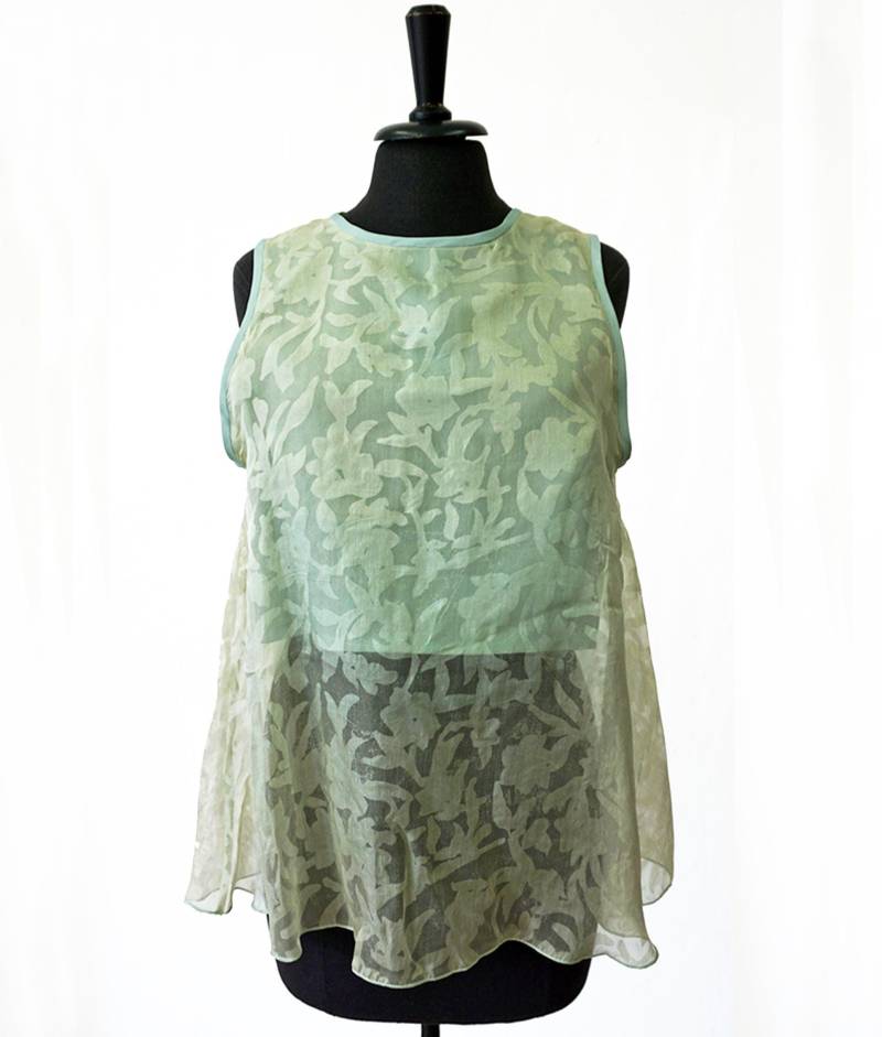 Hellgrünes Seiden-Top Mit Kleiner Tasche, Blumenmuster, Durchscheinend von YSTEER