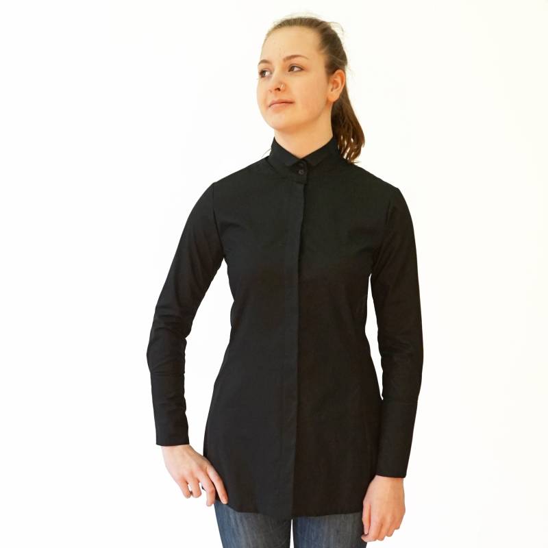 Lange Taillierte Damen-Bluse Mit Hohem Eck-Kragen Und Verdeckten Knöpfen in Weiß, Türkisblau Schwarz von YSTEER
