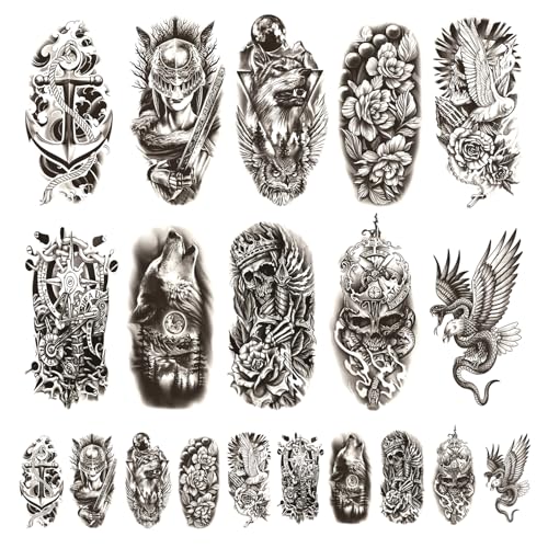 20 Blätter Temporäre Aufkleber,Fake Tattoo Tatoos zum Aufkleben Temporäre Tattoos Wasserdichter Wolf Skelett Adler für Frauen und Männer Halloween Festival Accessoires（Grauschwarz） von YSTJKD