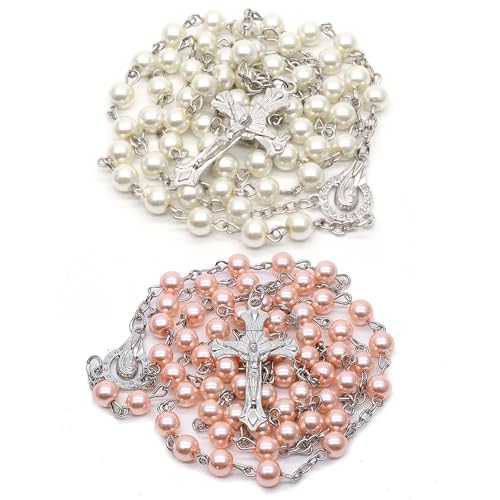 YSTJKD 2 StüCk Katholischer Rosenkranz Rosenkranz zur Kommunion mit Retro-Kreuz Damen AAA Zirkonia Kreuz Anhänger Kreuzs Kette Damen Taufe Kommunions Hochzeit Kommunion Party von YSTJKD