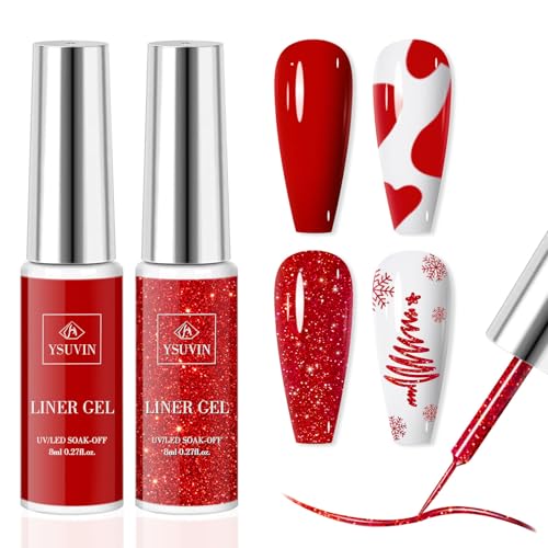 YSUVIN Gel Liner Nail Art, 2 Farben Rot Glitzer Painted Gel Nagellack Soak Off UV Nagellack für Frauen Home DIY Nail Art Salon Maniküre, 8ML von YSUVIN