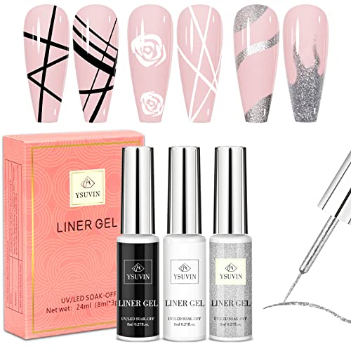 YSUVIN Liner Gel Nagellack, 3 Farben Schwarz Weiß Silber Painted UV Gel Nagellack, Soak Off UV Gellack für Frauen Home DIY Nail Art Salon Maniküre, 8ML von YSUVIN