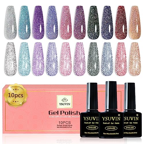 YSUVIN UV Nagellack, 10 Farben Reflektierendes Glitzer Gel Nagellack Set Glänzender Funkelnder Gold Blau Rosa Grün Diamant Nagellack für Frauen Home Nail Art Maniküre, 8ml von YSUVIN