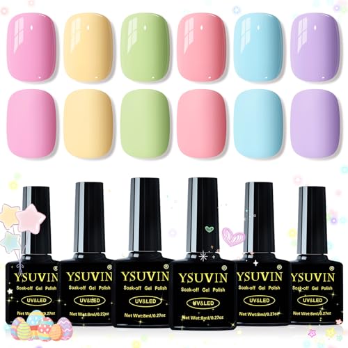 YSUVIN UV Nagellack Pastell, 6 Farben Rosa Gelb Grün Blau Lila Pastell Makronen Gel Nagellack Soak-Off UV Gellack Frühling Sommer Gel Nail Polish für Anfänger DIY Nail Art Maniküre Salon, 8ML von YSUVIN