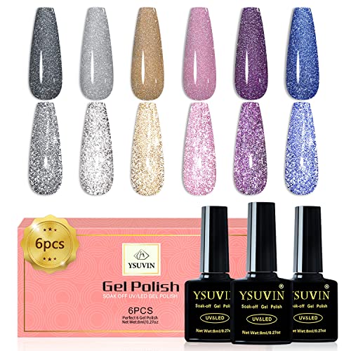 YSUVIN UV Glitzer Gel Nagellack, 6 Farben Reflektierender Glänzender Funkelnder Silber Gold Blau Rosa Lila Rot Diamant für Frauen DIY Maniküre Heimsalon Nageldesign, 8ML von YSUVIN
