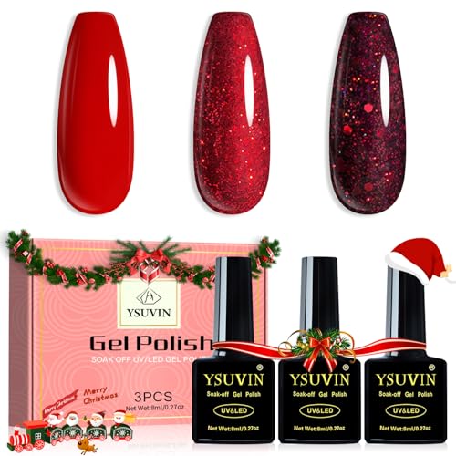 YSUVIN UV Nagellack Rot, 3 Farben Rot Glitzer Gel Nagellack Soak-Off UV Gellack für Frauen Home DIY Nail Art Maniküre Salon, Langlebig, 8ML von YSUVIN