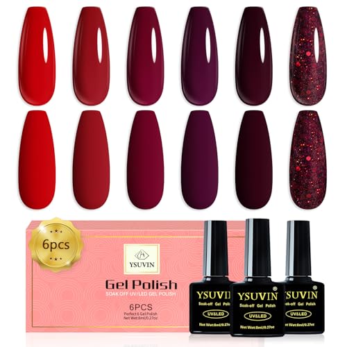 YSUVIN UV Nagellack Rot, 6 Farben Rot Burgunderrot Glitzer Gel Nagellack Soak-Off UV Gellack für Frauen Home DIY Nail Art Maniküre Salon, Langlebig, 8 ML von YSUVIN
