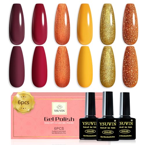 YSUVIN UV Nagellack Set, 6 Stück Gelblich Grün Rot Orange Glitzer Gel Nagellack Soak-off UV Gellack für Frauen Home DIY Nail Art Maniküre Salon, Langlebig, 8ML von YSUVIN