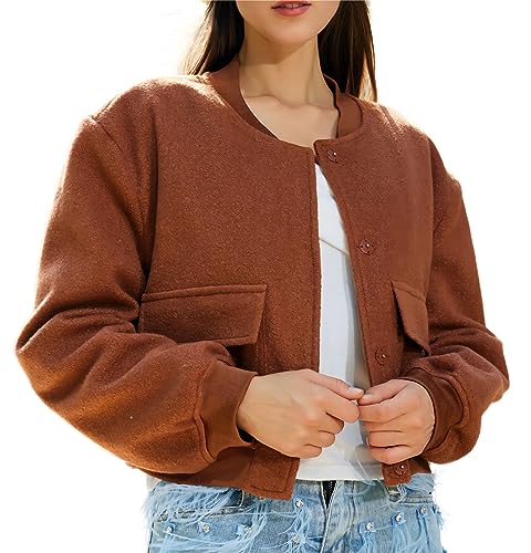 YSW Damen Mode Kurze Pilotenjacke Wollmischung Leicht Cropped Casual Knopf Varsity Shacket, Rotbraun, M von YSW