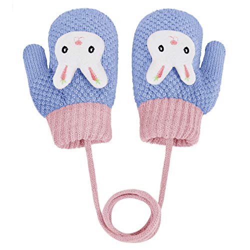 YSXY Süße Fäustlinge Baby Kleinkind Gestrickte Handschuhe für 1 2 3 4 5 6 Jahre Jungen Mädchen Winter Warme Strickhandschuhe mit schnur Fleece-Innenfutter (Blau-Kaninchen), Einheitsgröße von YSXY
