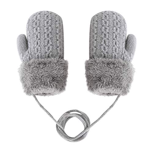 YSXY Süße Fäustlinge Baby Kleinkind Gestrickte Handschuhe für 1 2 3 Jahre Jungen Mädchen Winter Warme Strickhandschuhe mit schnur Fleece-Innenfutter (Grau-Einfarbig) von YSXY
