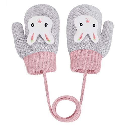 YSXY Süße Fäustlinge Baby Kleinkind Gestrickte Handschuhe für 1 2 3 Jahre Jungen Mädchen Winter Warme Strickhandschuhe mit schnur Fleece-Innenfutter (Grau-Kaninchen) von YSXY