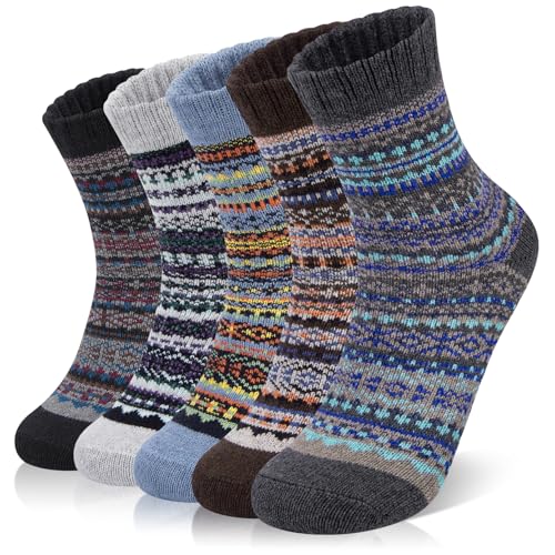 YSense Beau 5 Paar Damen Merinowolle Socken Winter Dicke Wollsocken Merinowolle Thermosocken Wolle Warme Vintage stil Wintersocken Socken Damen Geschenk von YSense Beau