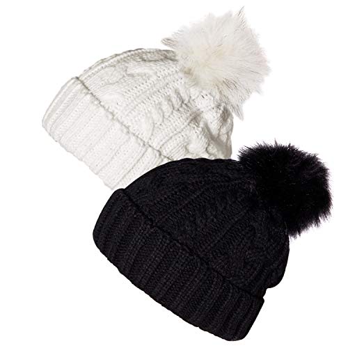 YSense Winter Damenmütze mit Pompon, warme Strickmütze mit Fleecefutter - 2er Pack - Schwarz / Weiß - Einheitsgröße YSense Winter Damenmütze mit Pompon, warme Strickmütze mit Fleecefutter - 2er Pack - Schwarz / Weiß - Einheitsgröße von YSense Beau