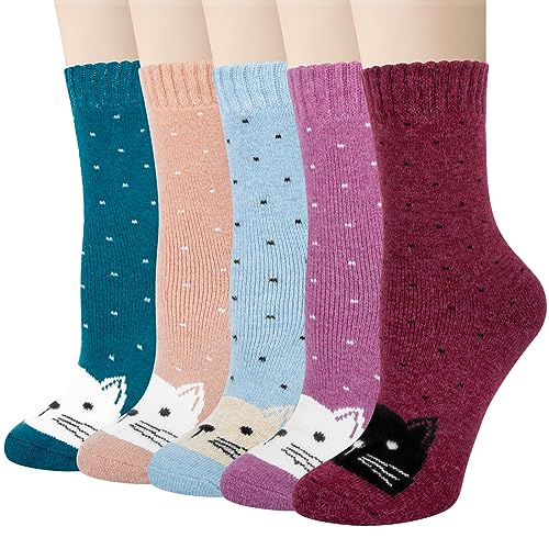 YSense Snug 5 Paar Damen Winterwollsocken, bunte Gestrickte Socken mit Niedlichen Katzenmotiven, dicke Warme Wintersocken als Geschenk für Frauen von YSense Snug