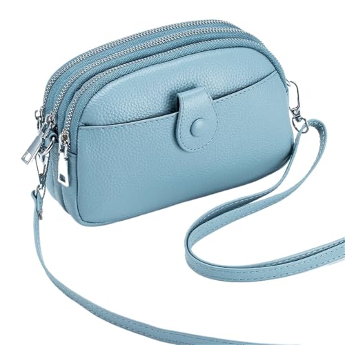 YShiuoL Umhängetasche Damen Damen-Umhängetaschen aus Leder, Mini-Messenger-Geldbörsen mit drei Reißverschlusstaschen(Light Blue) von YShiuoL