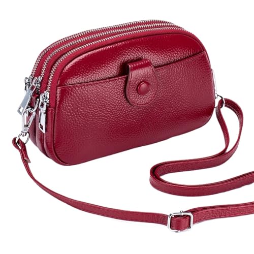 YShiuoL Umhängetasche Damen Damen-Umhängetaschen aus Leder, Mini-Messenger-Geldbörsen mit drei Reißverschlusstaschen(Red) von YShiuoL