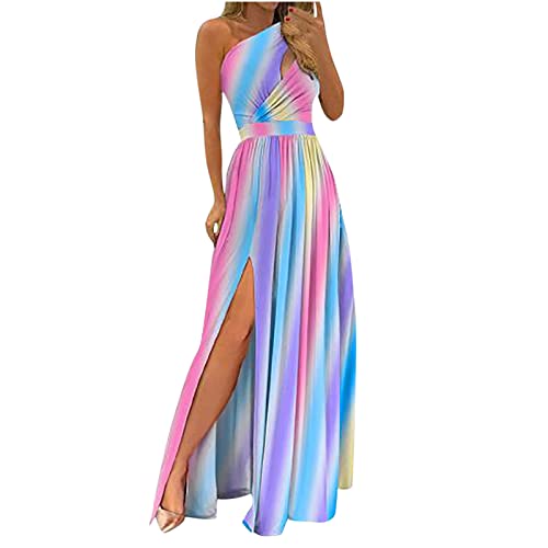 Abendkleid Damen Kleider Sexy One Shoulder Partykleid mit Aushöhlen Regenbogen Druck Bodenlanges Langes Maxikleid Elegantes Cocktailkleid Ballkleid mit hohem Schlitz Swingkleid mit Empire Taille von YSpoe