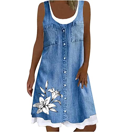 Gefälschtes zweiteiliges Imitat Jeanskleid Damen Lässiges Minikleid mit Blumendruck Ärmelloses Trägerkleid Skater Kleider A Linie Kleid Lockeres knielanges Freizeitkleid Urlaub Strandkleid Partykleid von YSpoe