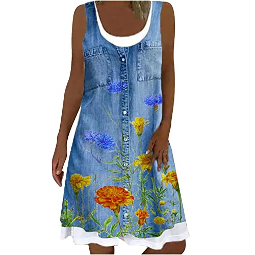 Gefälschtes zweiteiliges Imitat Jeanskleid Damen Lässiges Minikleid mit Blumendruck Ärmelloses Trägerkleid Skater Kleider A Linie Kleid Lockeres knielanges Freizeitkleid Urlaub Strandkleid Partykleid von YSpoe