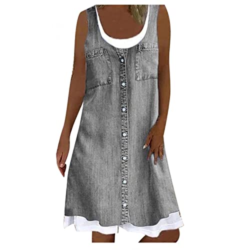 Gefälschtes zweiteiliges Imitat Jeanskleid Damen Lässiges Minikleid mit Blumendruck Ärmelloses Trägerkleid Skater Kleider A Linie Kleid Lockeres knielanges Freizeitkleid Urlaub Strandkleid Partykleid von YSpoe