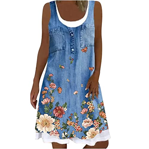 Gefälschtes zweiteiliges Imitat Jeanskleid Damen Lässiges Minikleid mit Blumendruck Ärmelloses Trägerkleid Skater Kleider A Linie Kleid Lockeres knielanges Freizeitkleid Urlaub Strandkleid Partykleid von YSpoe