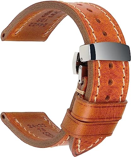 Leat Uhrenarmbänder 18mm 20mm 22mm 24mm Vintage Echtes Leder Uhrenarmband mit Schmetterlingsverschluss, One Size von YTBHSHXZ