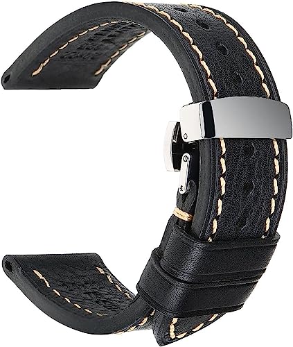Leat Uhrenarmbänder 18mm 20mm 22mm 24mm Vintage Echtes Leder Uhrenarmband mit Schmetterlingsverschluss, One Size von YTBHSHXZ