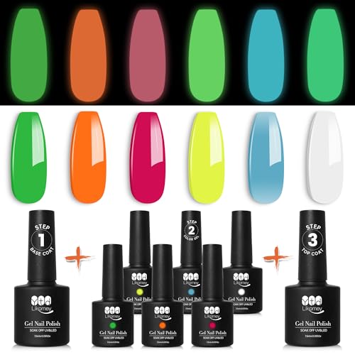 YTD Likomey UV Gel Nagellack Set,Leuchtet im Dunkeln 6 Farben Nagellac mit Base und Top Coat Gellack,Leuchtendes Maniküre Gel Nail Polish Kit,8×7.5 ml von YTD Likomey