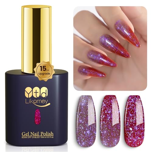 YTD Likomey UV Nagellack Farbwechsel Thermo Farbgel,15ml Lila Datum Rot Mehrfarbige Pailletten Gel Chamäleon Shellac Nagelgel UV/LED Color Change Gellack Gel Nail Polish von YTD Likomey