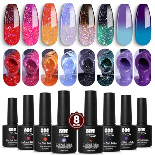 YTD Likomey UV Nagellack Farbwechsel Thermo Set,8 Farben Brokat Glitzer Soak Off UV Chamäleon Shellac Gelnägel Rot Grün Blau Violett Mehrfarbig Farbgel Polish,7.5ml von YTD Likomey