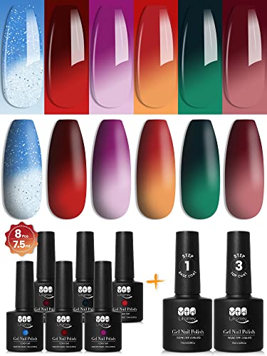 YTD Likomey UV Nagellack Farbwechsel Thermo Set,8 Pcs 6 Farben Mit Base und Top Coat Kit,Soak Off UV Chamäleon Shellac Gelnägel Rot Grün Blau Violett Weihnachtstag Mehrfarbig Farbgel,7.5ml von YTD Likomey