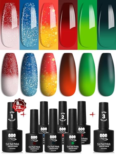 YTD Likomey UV Nagellack Farbwechsel Thermo Set,6 Farben Mit Base und Top Coat Kit,Soak Off UV Chamäleon Shellac Gelnägel Weihnachten Rot Grün Blau Mehrfarbig Farbgel Thermoeffekt von YTD Likomey