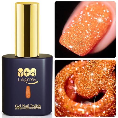 YTD Likomey UV Nagellack Glitzer,15ml Orange Gel Nagellack Glitter,Sparkle Funkelnd Shellac Farbgel Nagellac,Reflective Holographisch Diamant Maniküre Gel Nail Polish von YTD Likomey