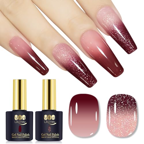 YTD Likomey UV Nagellack Set,2 Pcs 15ml Farbwechsel Thermo Farbgel Nude Rosa Burgund und Glitter,Chamäleon Shellac Color Change Nagelgel UV/LED Gellack von YTD Likomey